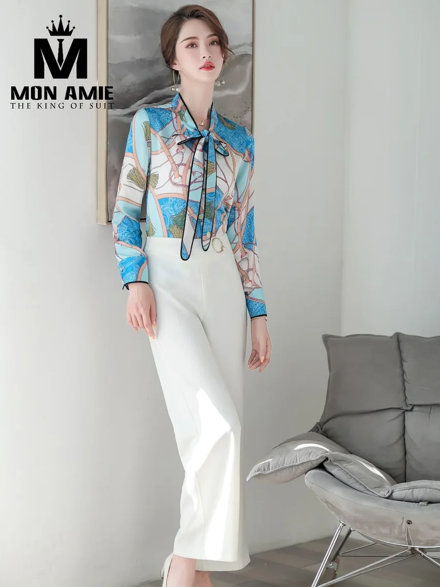 Turquoise Chain-Print Bow-Neck Silky Shirt