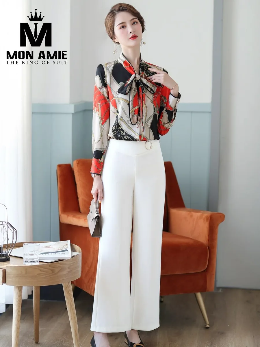 Red Black Cream Chain-Print Bow-Neck Shirt