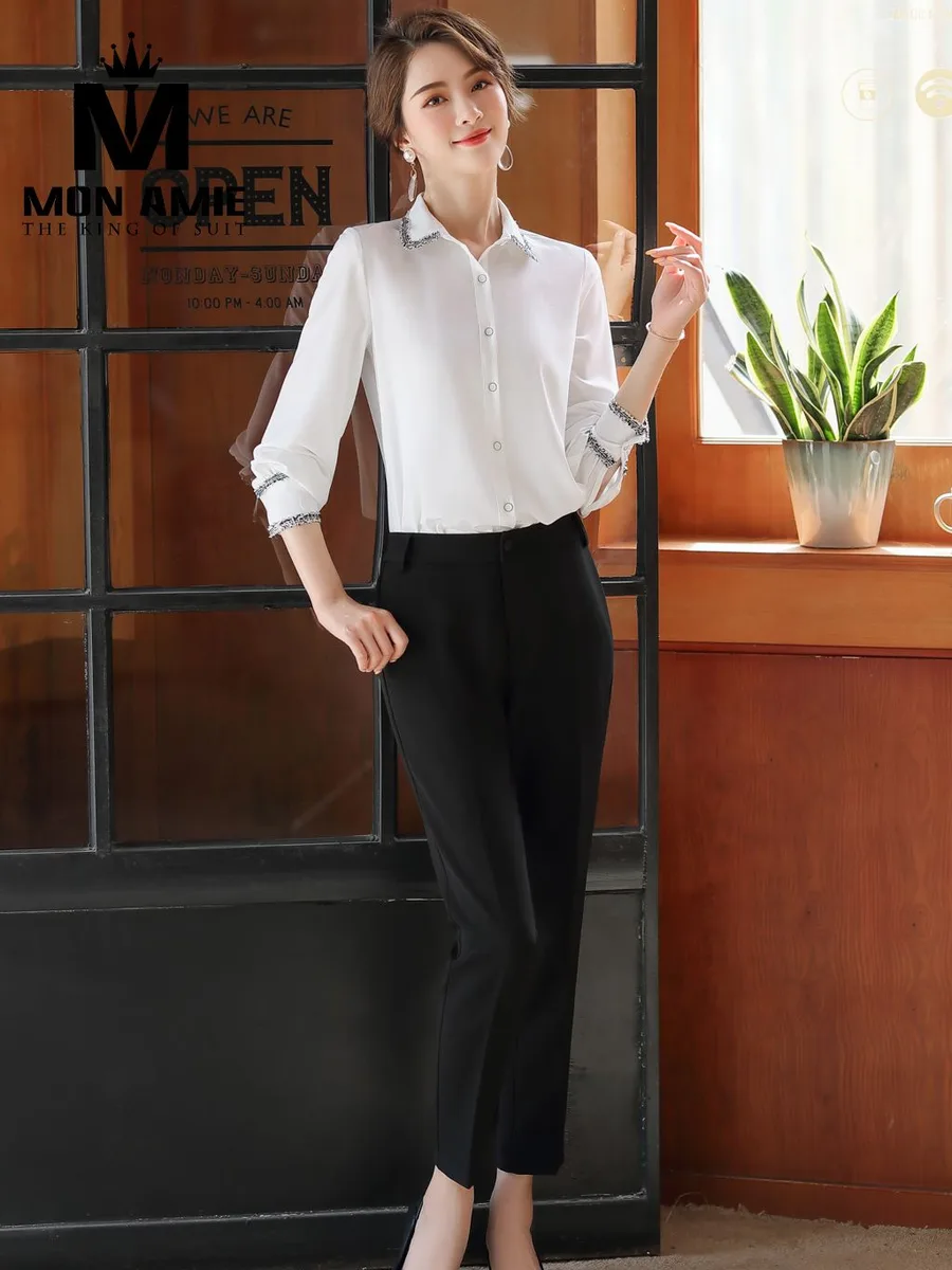 White Shirt with Silver-Pattern Collar and Pearl Buttons