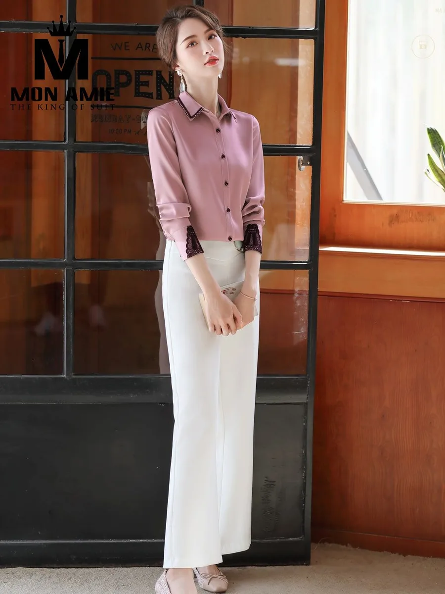 Dusty Pink Shirt with Black-Trim Collar and Lace Cuffs