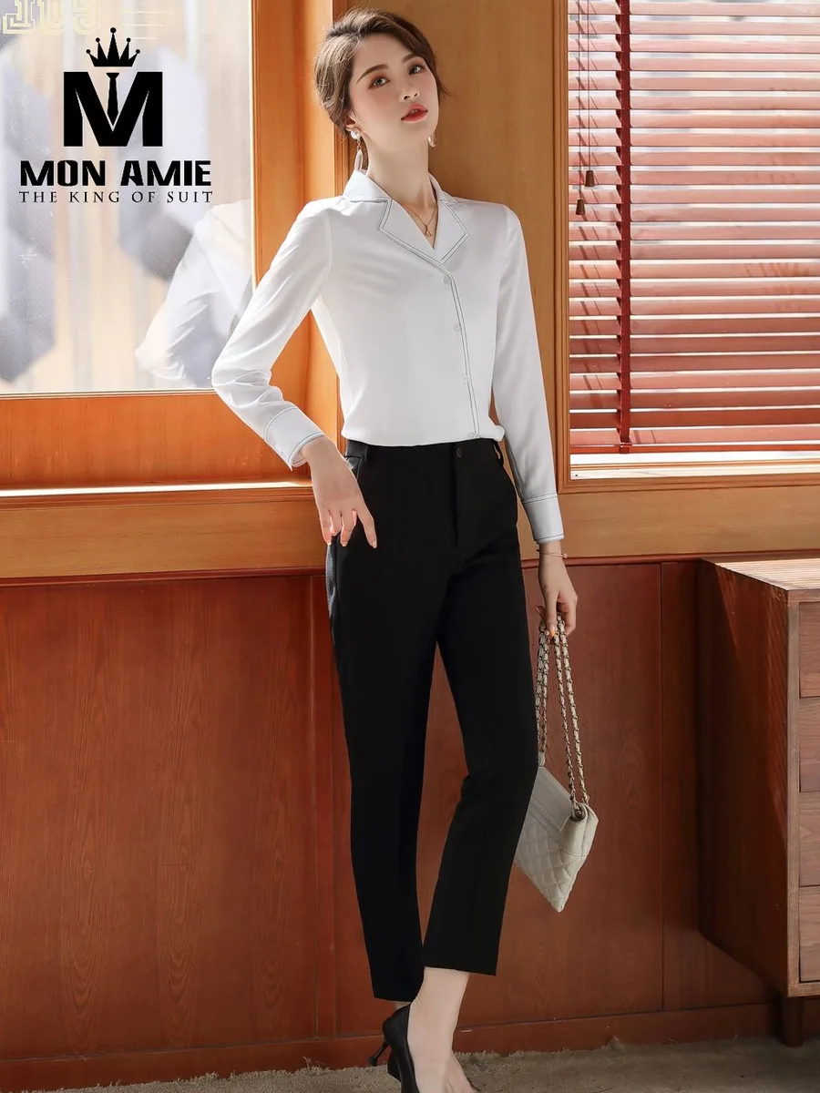 White Notch-Collar Blouse with Grey Piping