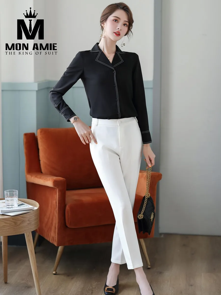 Black Notch-Collar Blouse with White Piping