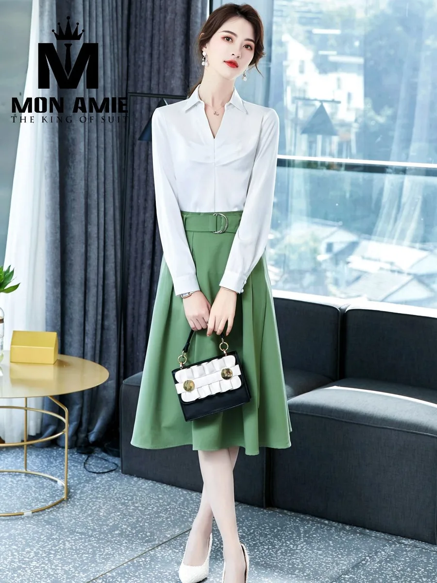 White V-Neck Blouse with Green A-Line Skirt