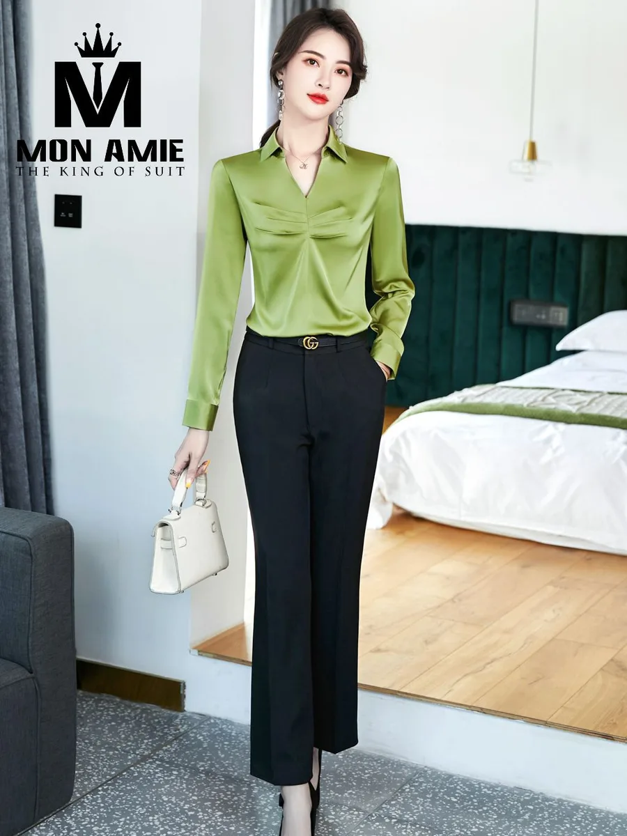 Lime Green Satin-Finish V-Neck Blouse