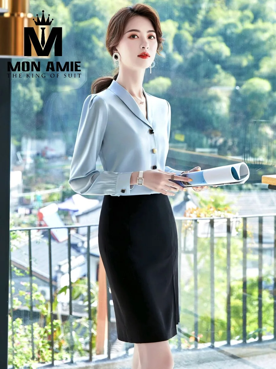 Pastel Blue Shawl-Collar Blouse with Gold Buttons
