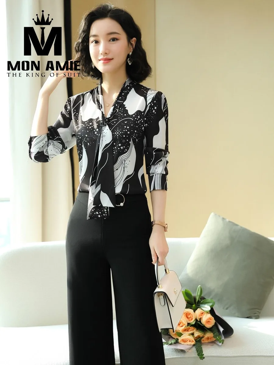 Black and White Abstract Print Tie-Neck Blouse