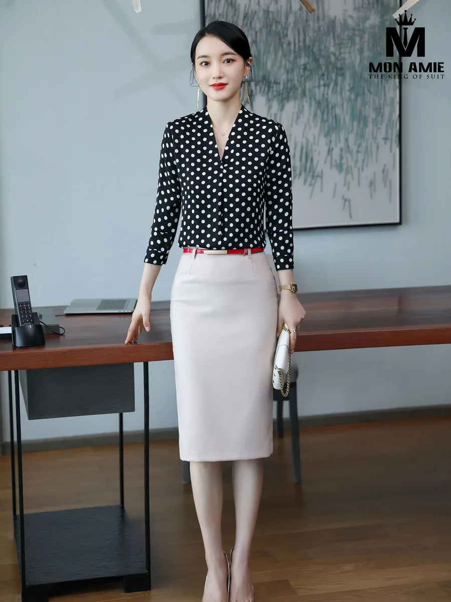 Black Polka Dot V-Neck Blouse with Cream Skirt