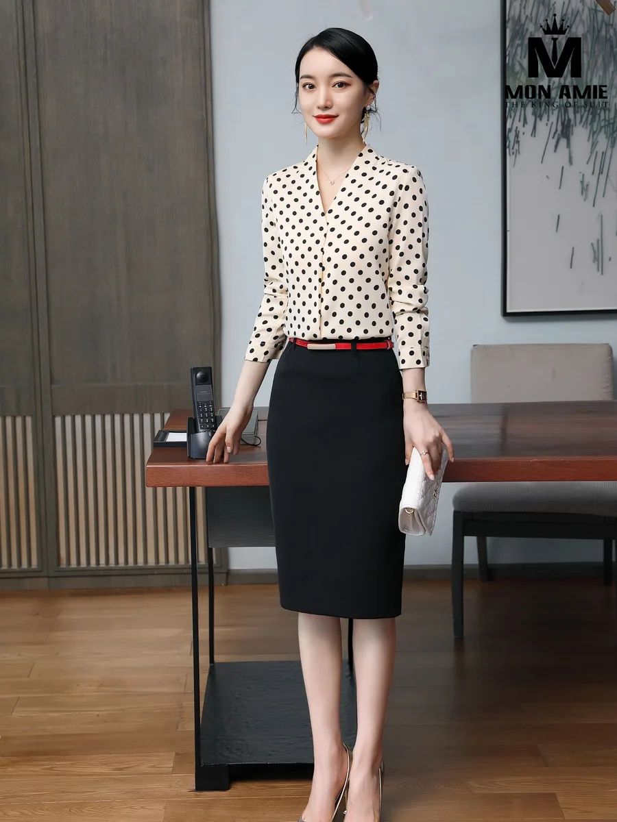 Cream Polka Dot V-Neck Blouse with Black Skirt