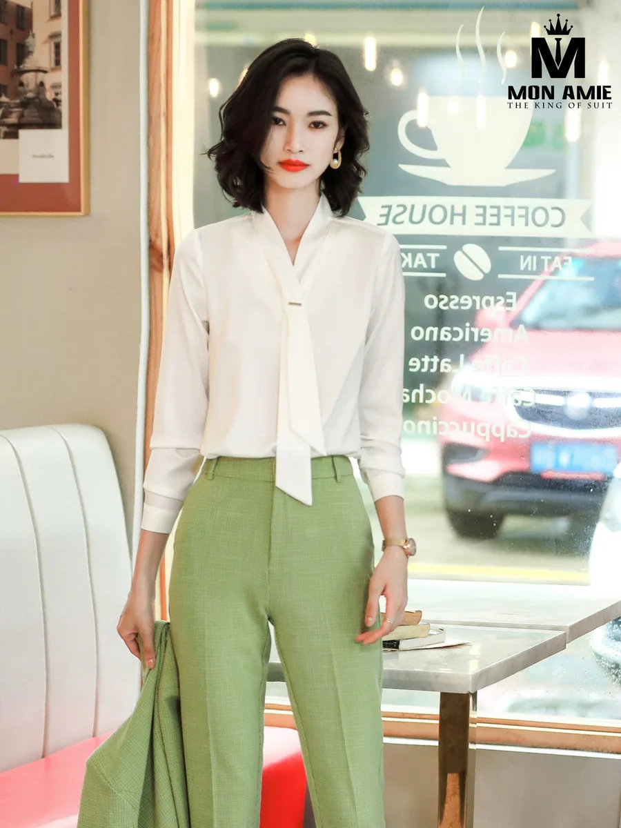 White Tie-Neck Blouse with Butter-Green Trousers