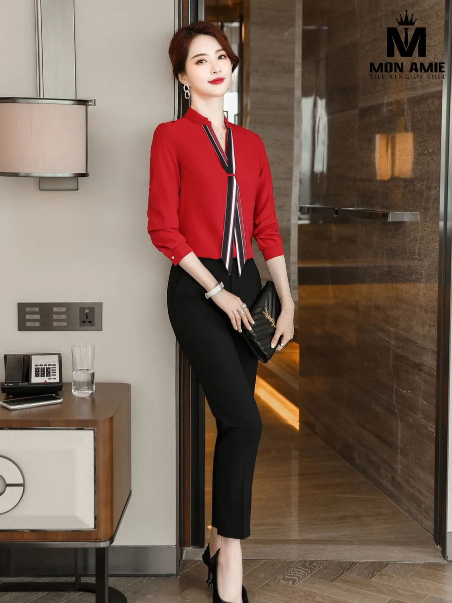 Red Stand-Collar Blouse with Striped Bow