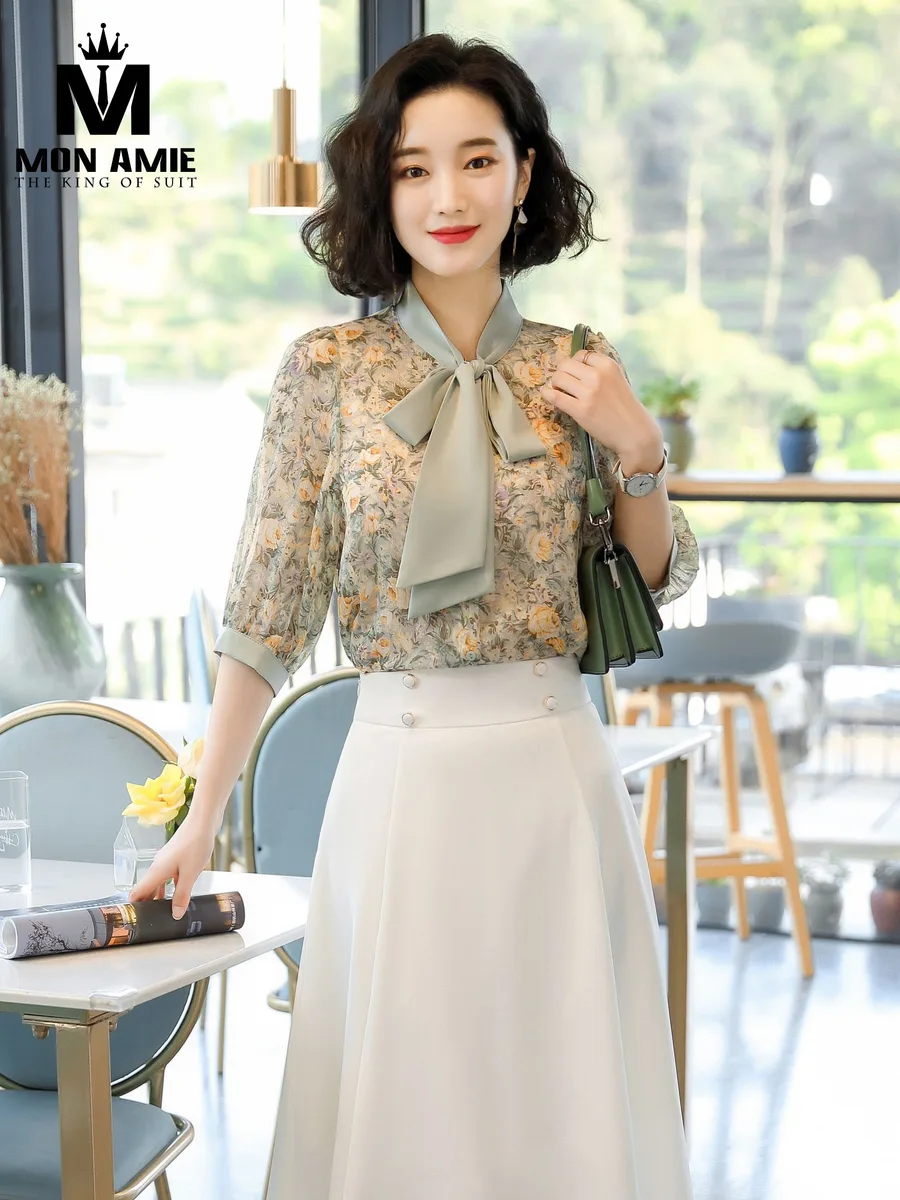 Golden Floral Sage Bow Blouse with Cream Skirt
