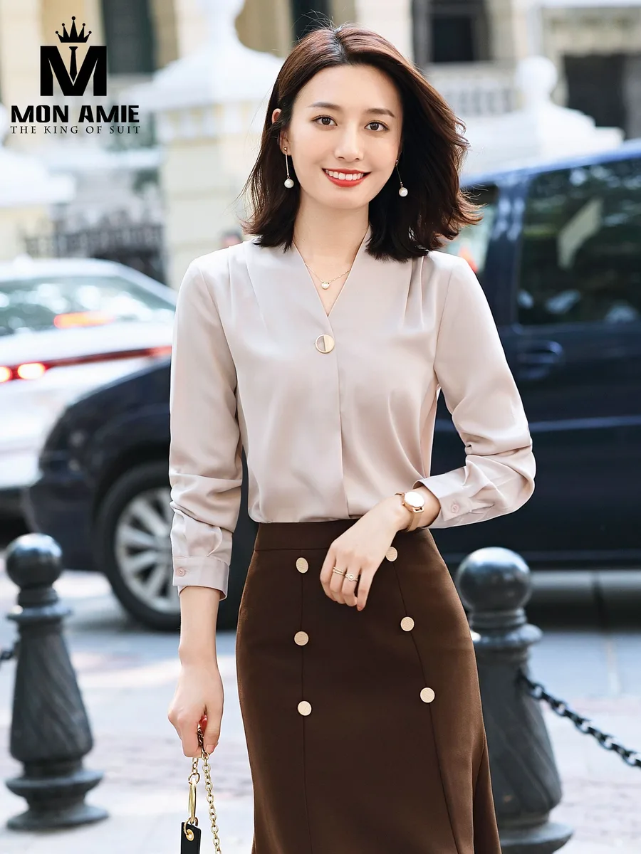 Champagne Beige V-Neck Blouse with Brown Skirt