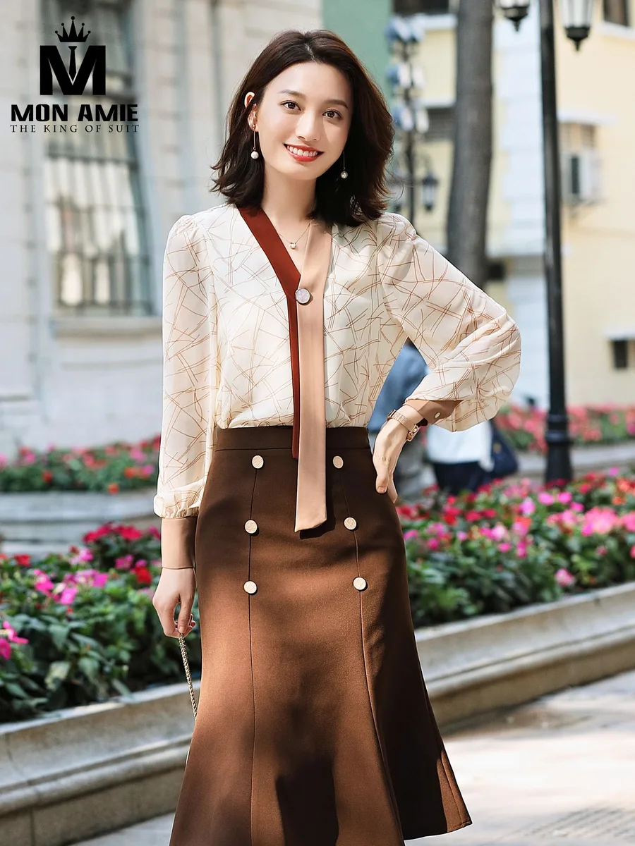 Cream Abstract-Print Blouse with Brown Mermaid Skirt