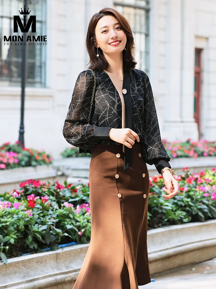 Black Sheer-Print Blouse with Brown Mermaid Skirt