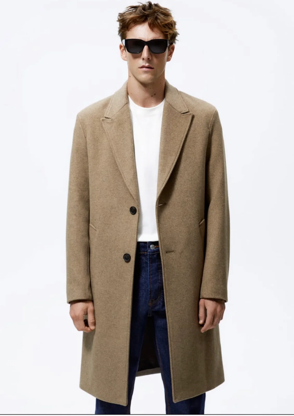 Beige Wool Straight-Cut Wide-Shoulder Overcoat, light camel beige