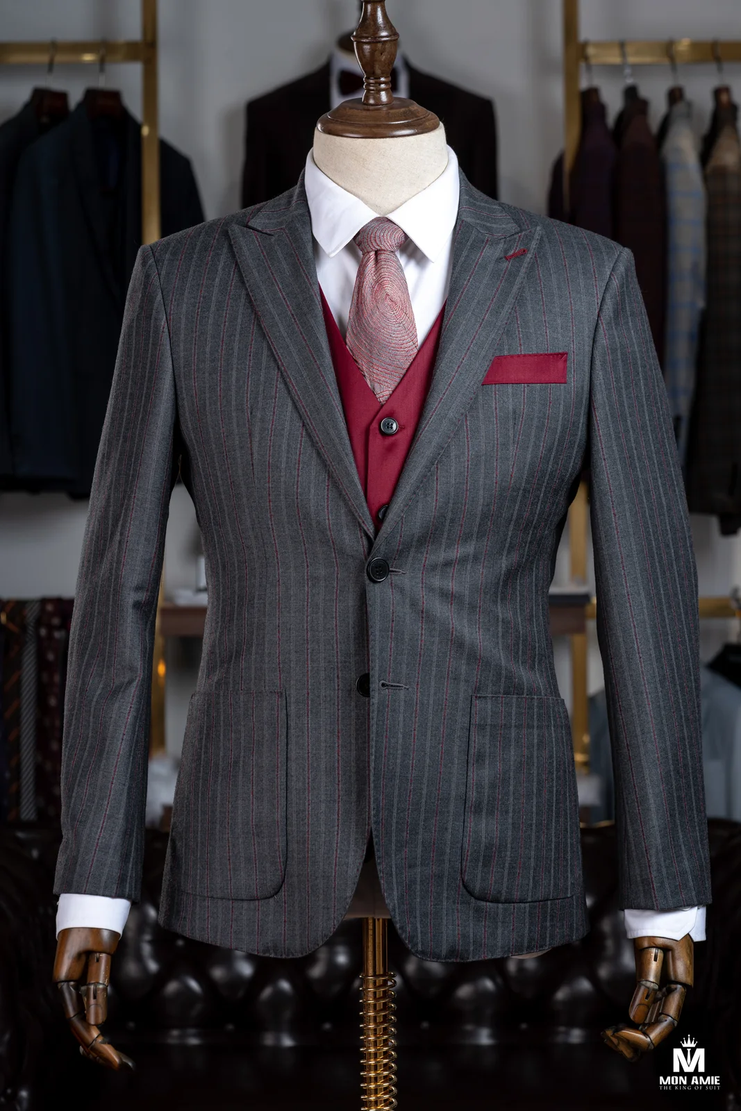 Charcoal Suit with Burgundy Stripe, Patch Pockets and Red Waistcoat