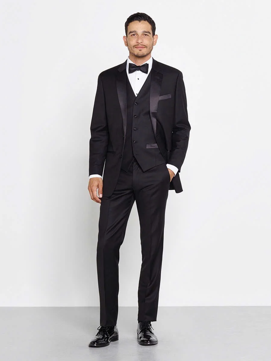 Black Three-Piece Satin Lapel Tuxedo