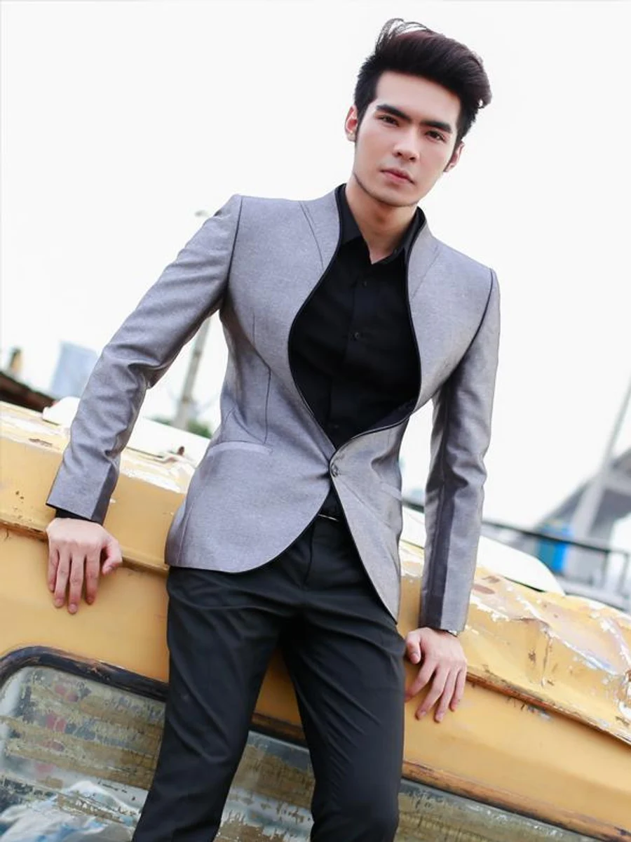 Grey Mandarin-Collar Blazer
