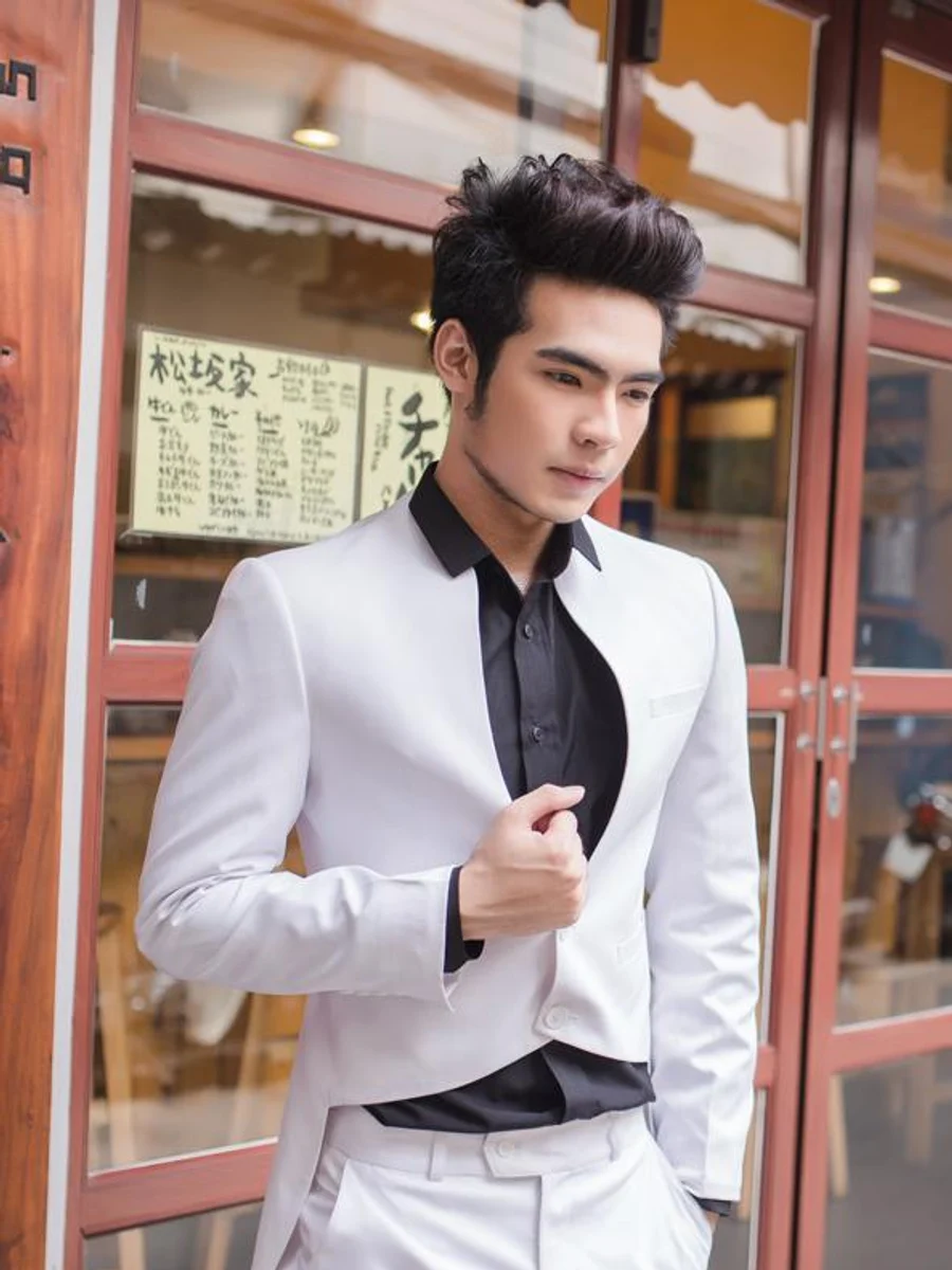 Ivory Suit with Contrast Black Collar