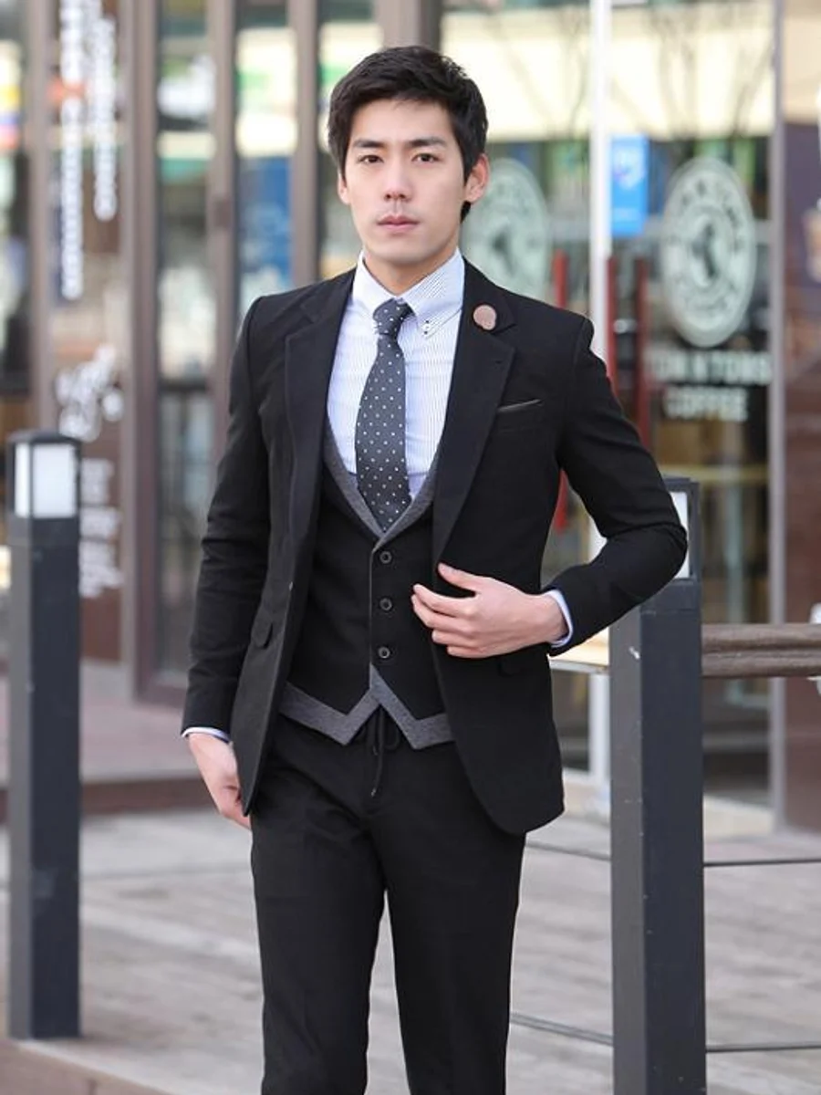 Black Suit Grey-Trim Waistcoat