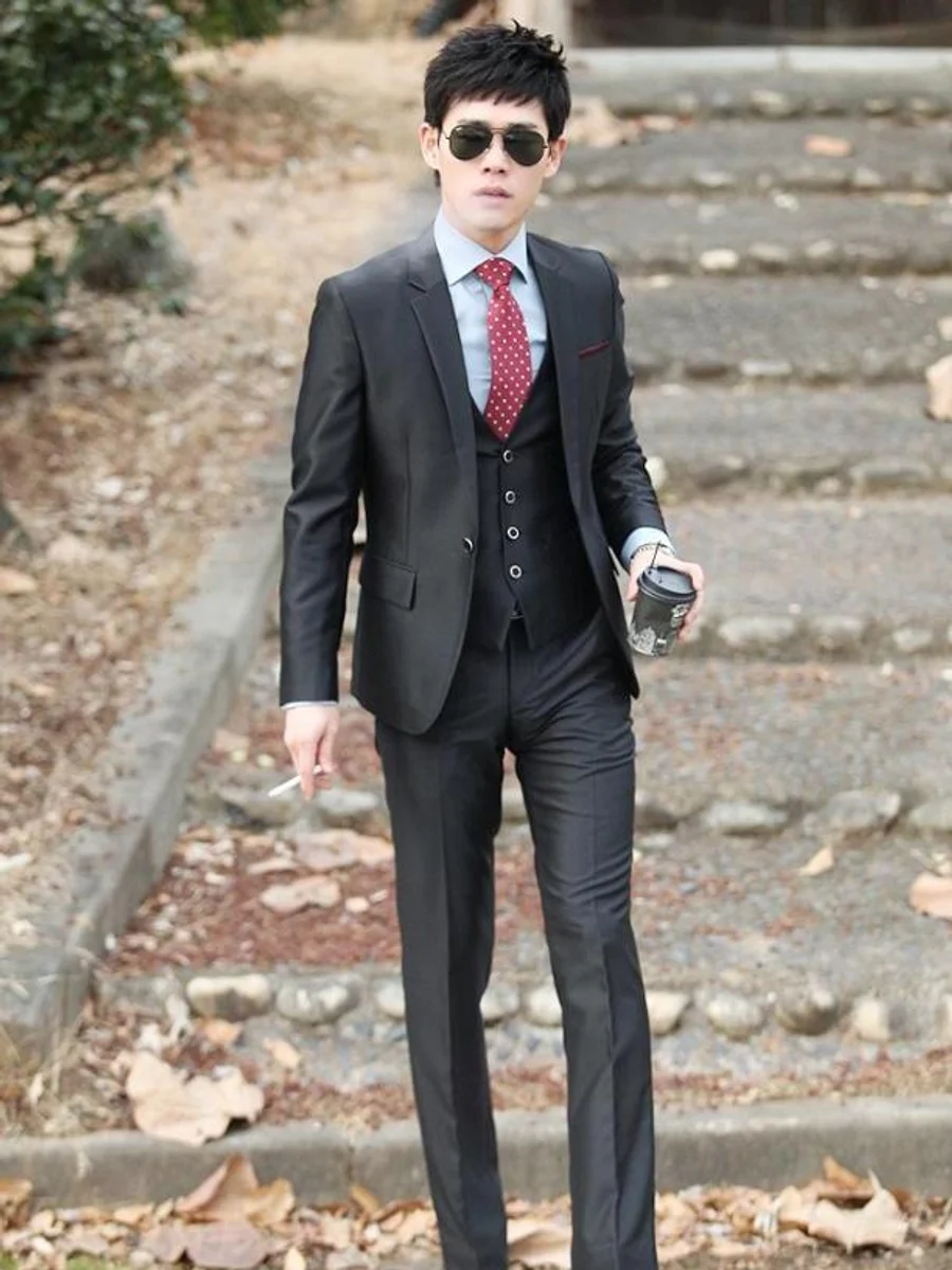 Black Waistcoat Suit Crimson Tie