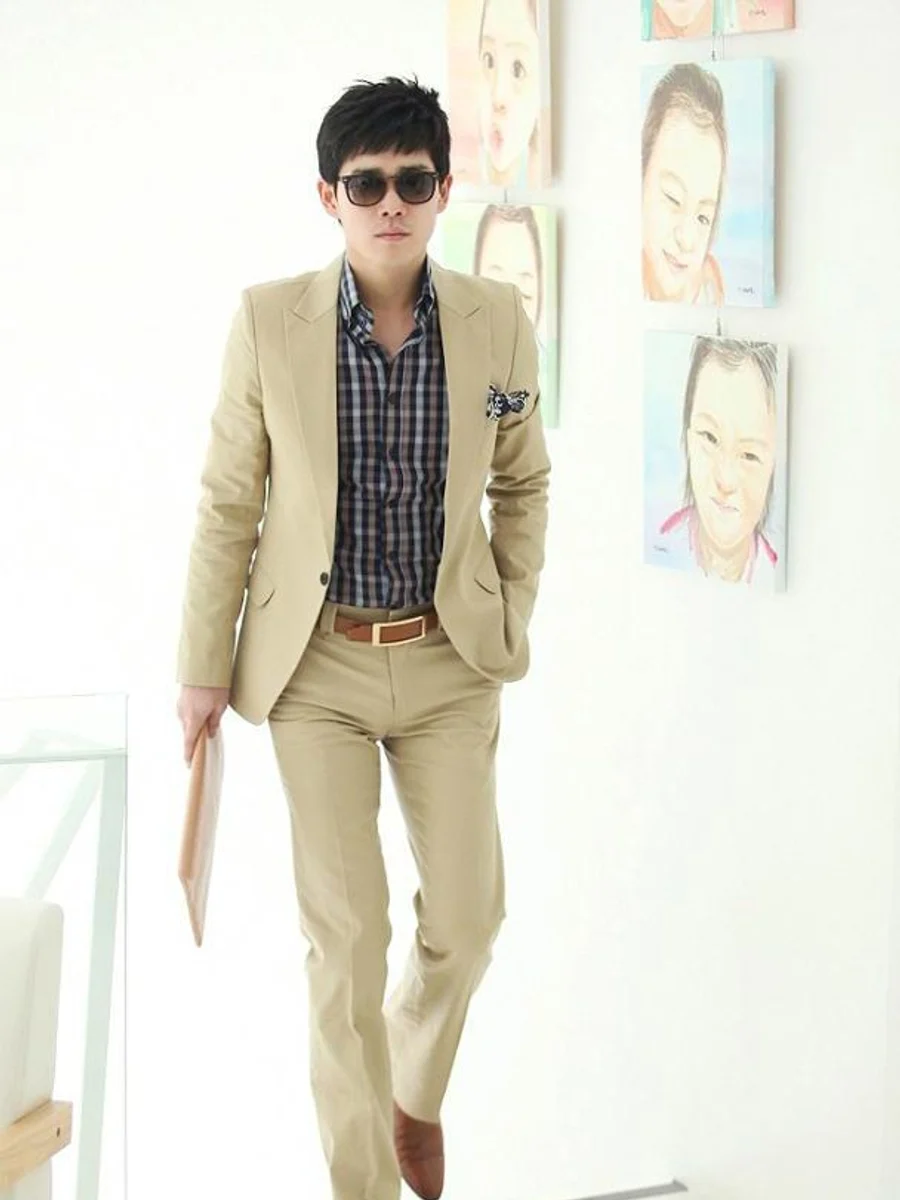 Sand Beige Suit with Check Shirt