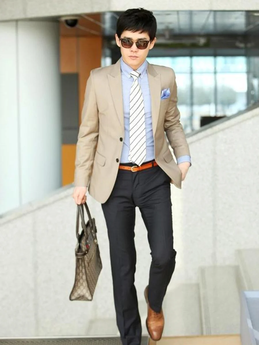 Beige Blazer with Navy Trousers