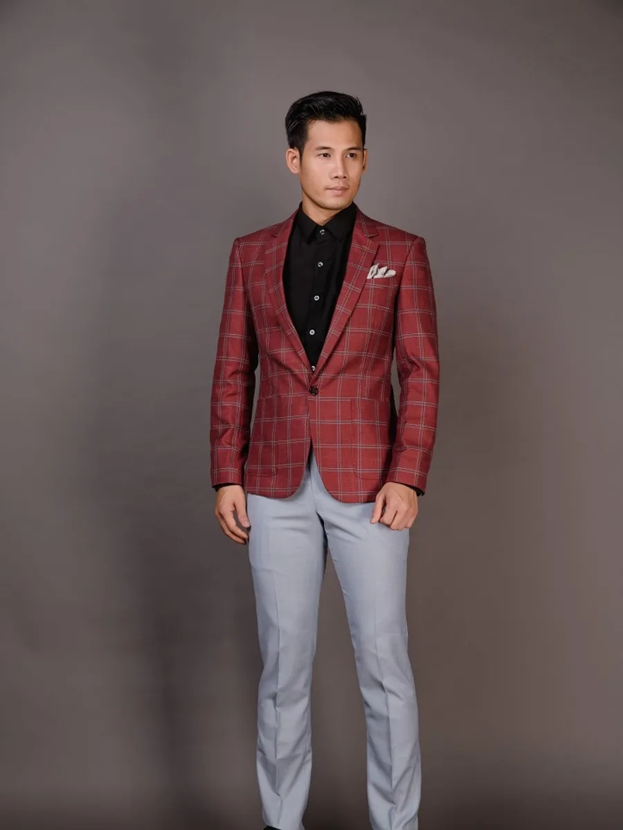 Brick-Red Large Check Blazer, White-Grey Lines
