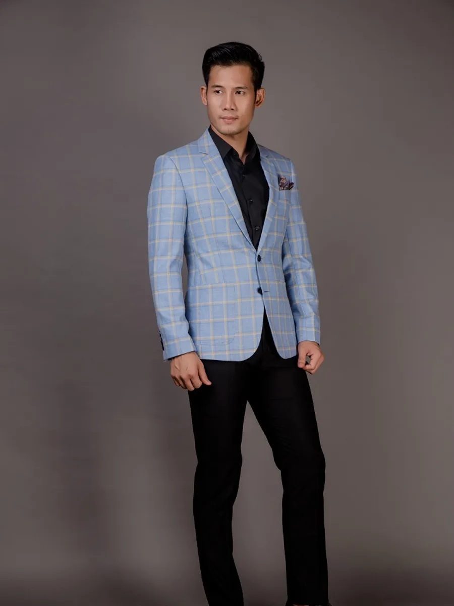 Sky-Blue Large Check Blazer, Cream-Gold Lines