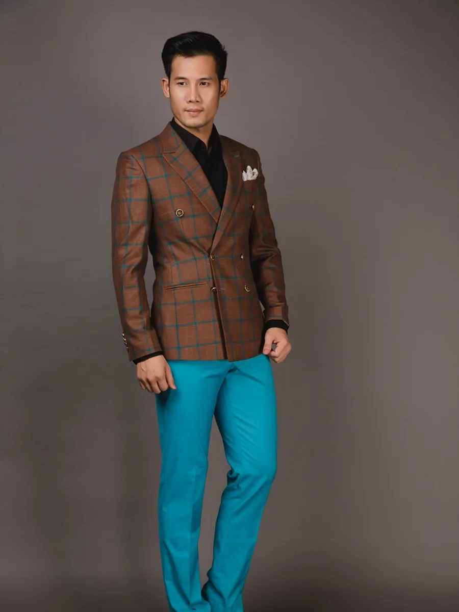 Copper-Brown Check Double-Breasted Blazer, Teal Lines