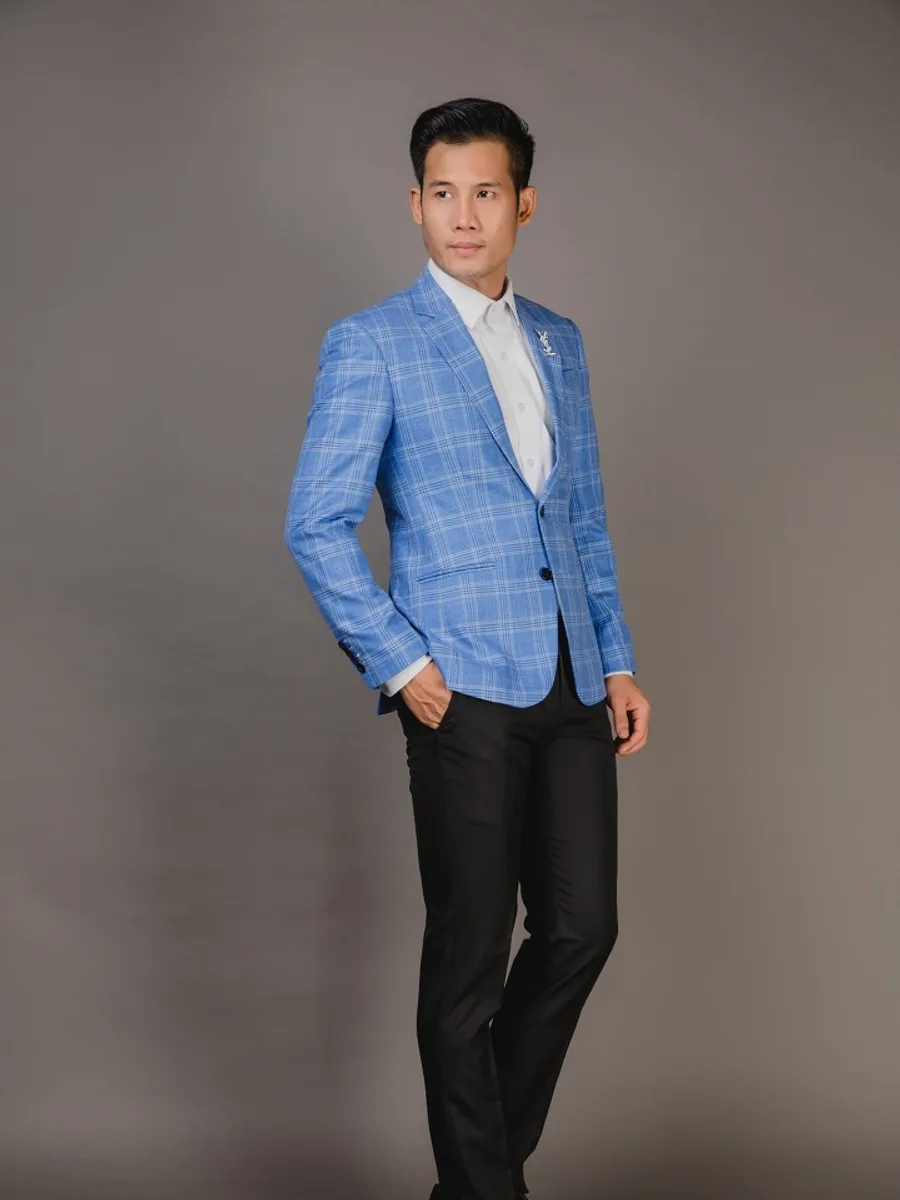 Blue Large Check Blazer, White Lines, Two-Button