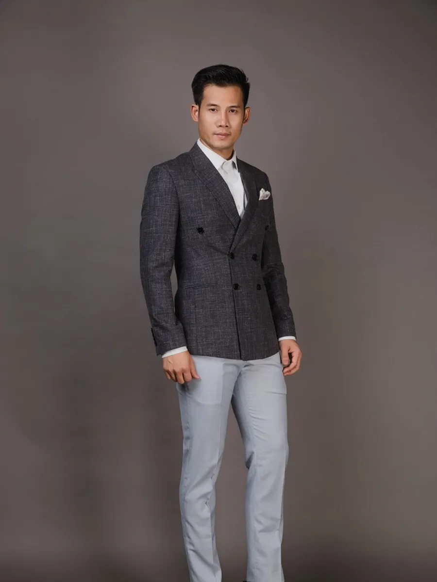 Charcoal Melange Double-Breasted Peak Lapel Blazer
