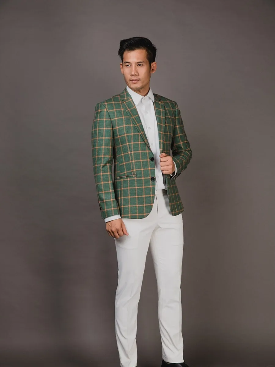 Green Large-Check Blazer with Orange Overcheck