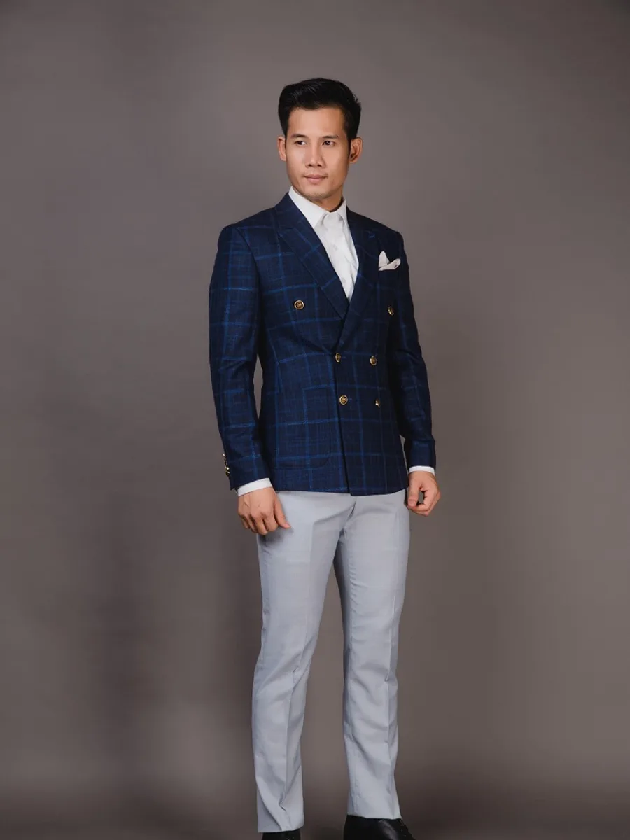 Navy Check Double-Breasted Blazer with Gold Buttons