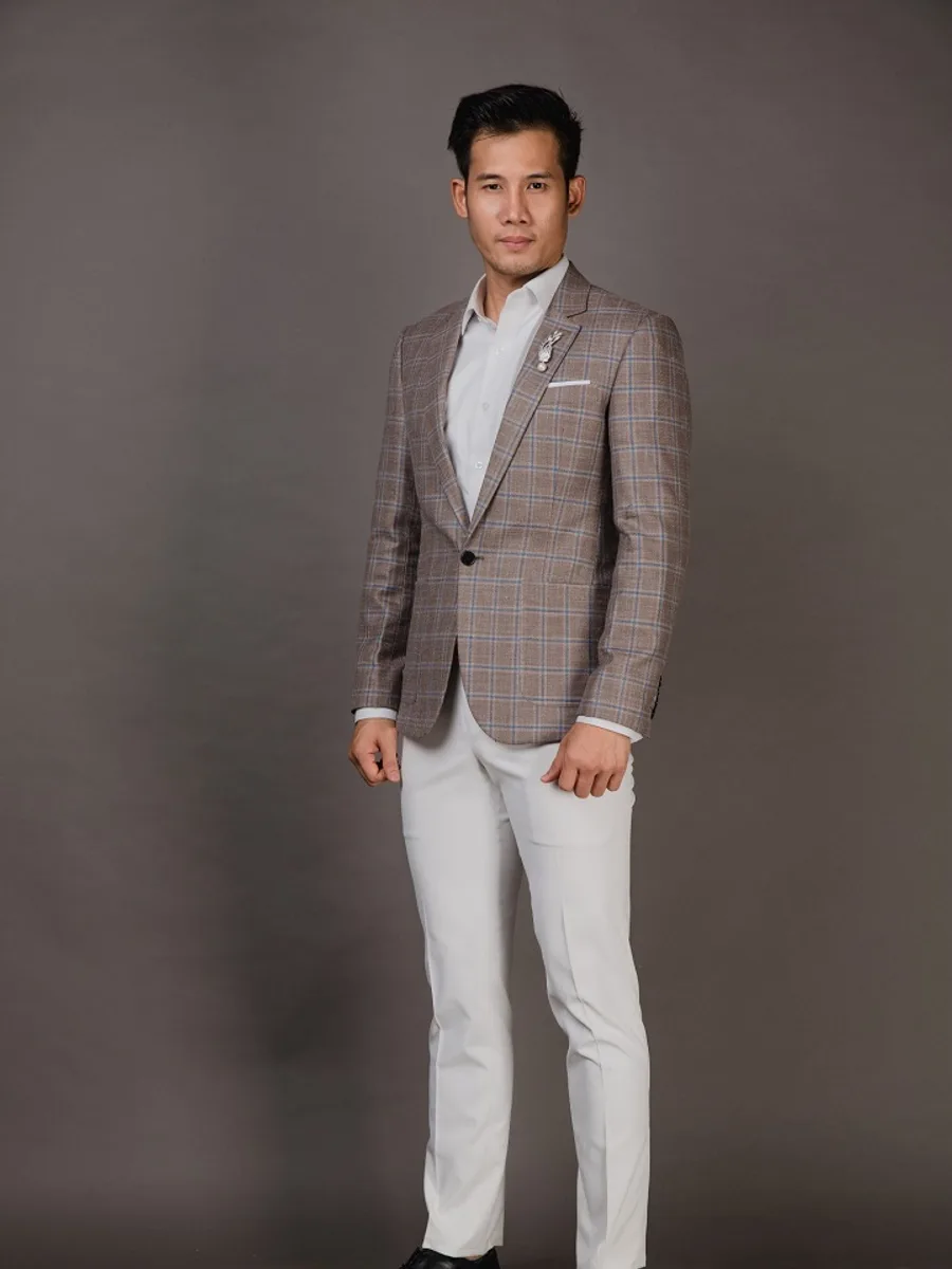 Taupe Check Blazer with Pale Blue Overcheck, Slim Peak Lapel