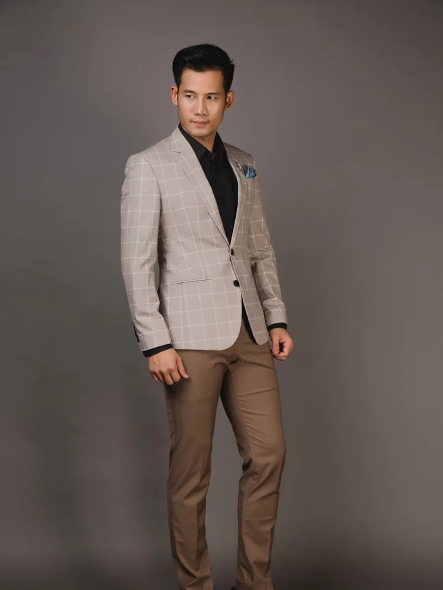 Light Greige Windowpane Blazer with White Check