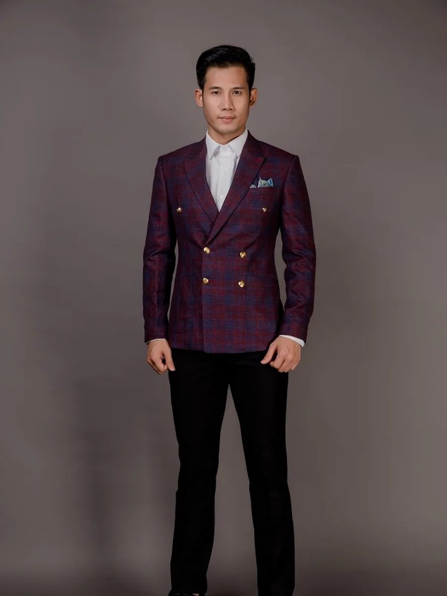 Plum Red Check Double-Breasted Blazer with Gold Buttons