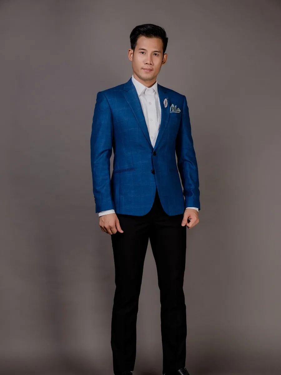 Cobalt Blue Tone-on-Tone Check Blazer