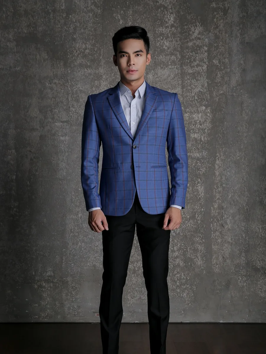 Cobalt Blue Large-Check Blazer with Purple-Black Overcheck