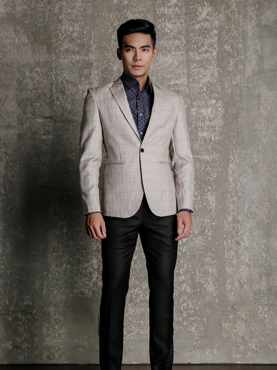 Cream Beige Houndstooth Peak Lapel Blazer