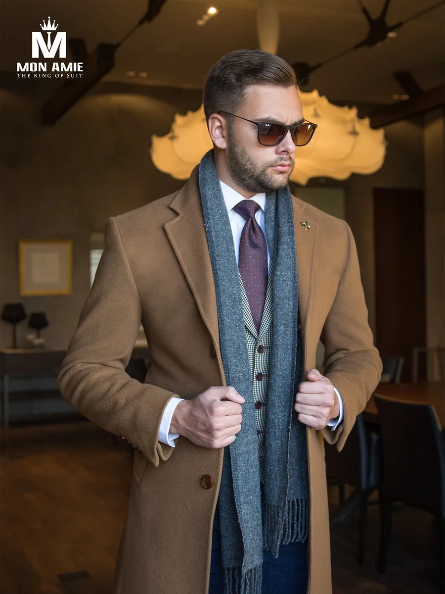 Camel Wool Overcoat, Single-Breasted Peak Lapel