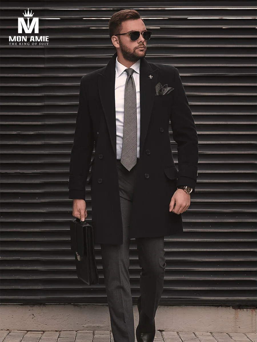 Black Wool Double-Breasted Long Overcoat