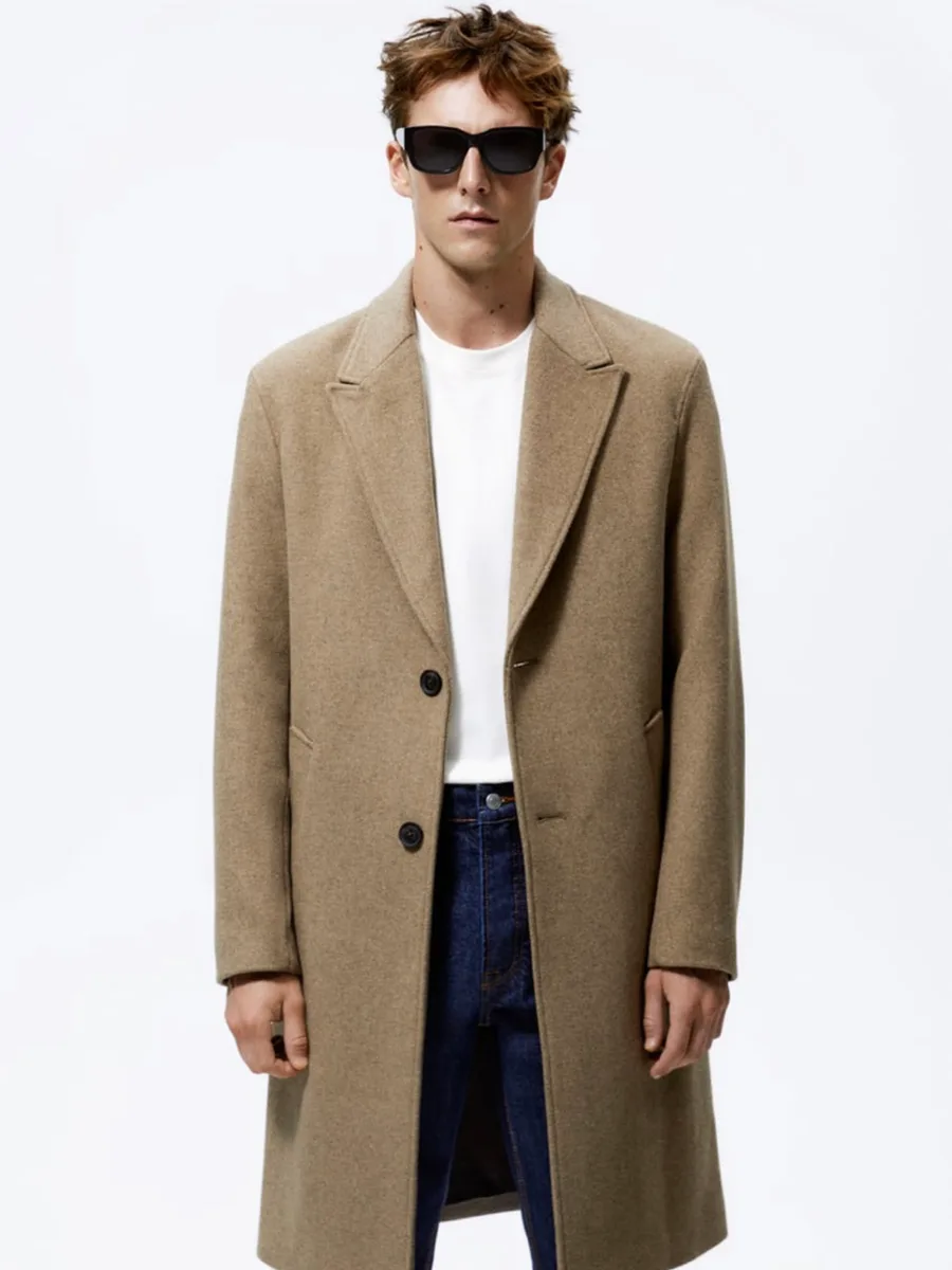 Beige Wool Relaxed-Fit Overcoat, Dropped Shoulder