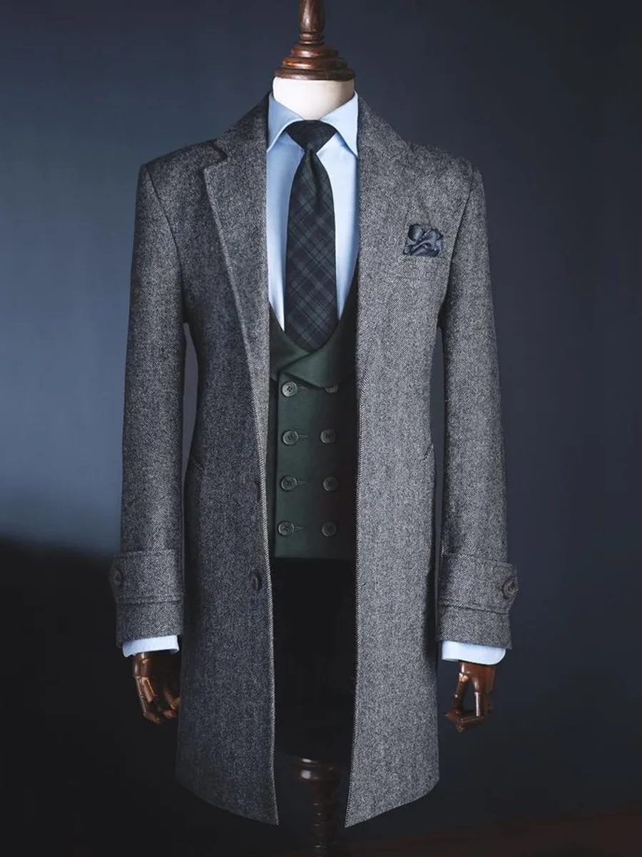 Grey Herringbone Tweed Overcoat with Belted Cuffs