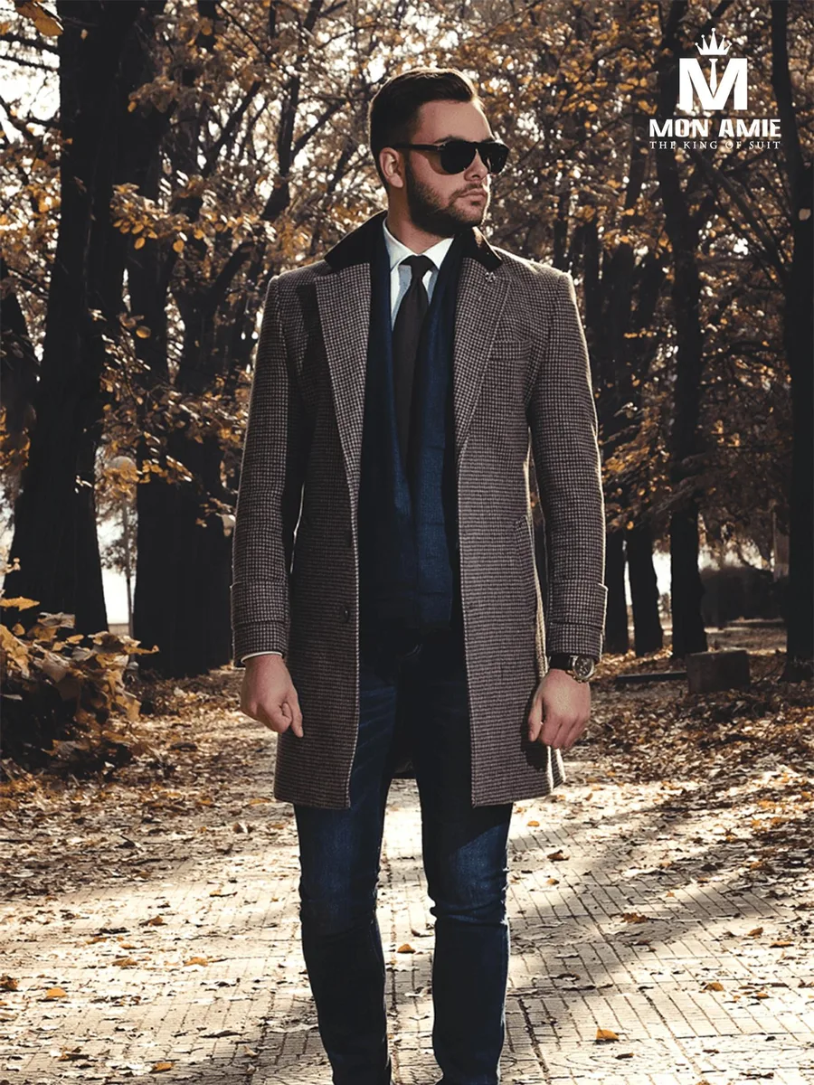Brown-Grey Houndstooth Overcoat with Black Velvet Collar