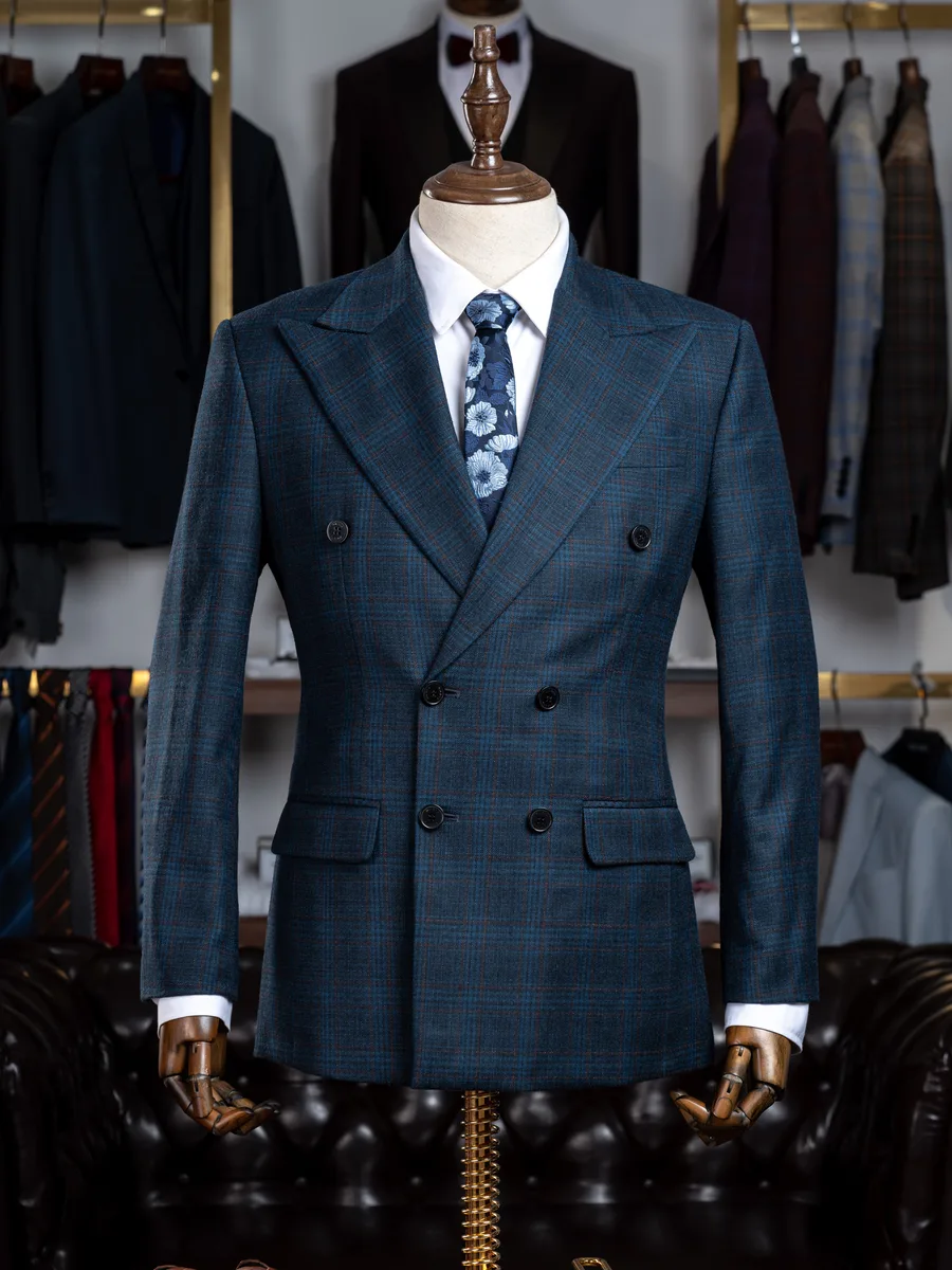 Petrol Blue Double-Breasted Suit, Copper Overcheck, Peak Lapel