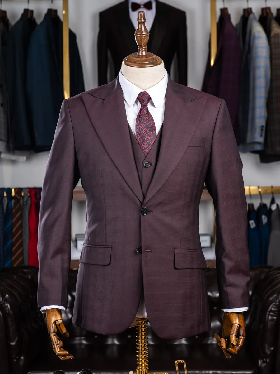 Burgundy Three-Piece Suit, Peak Lapel, Tonal Check
