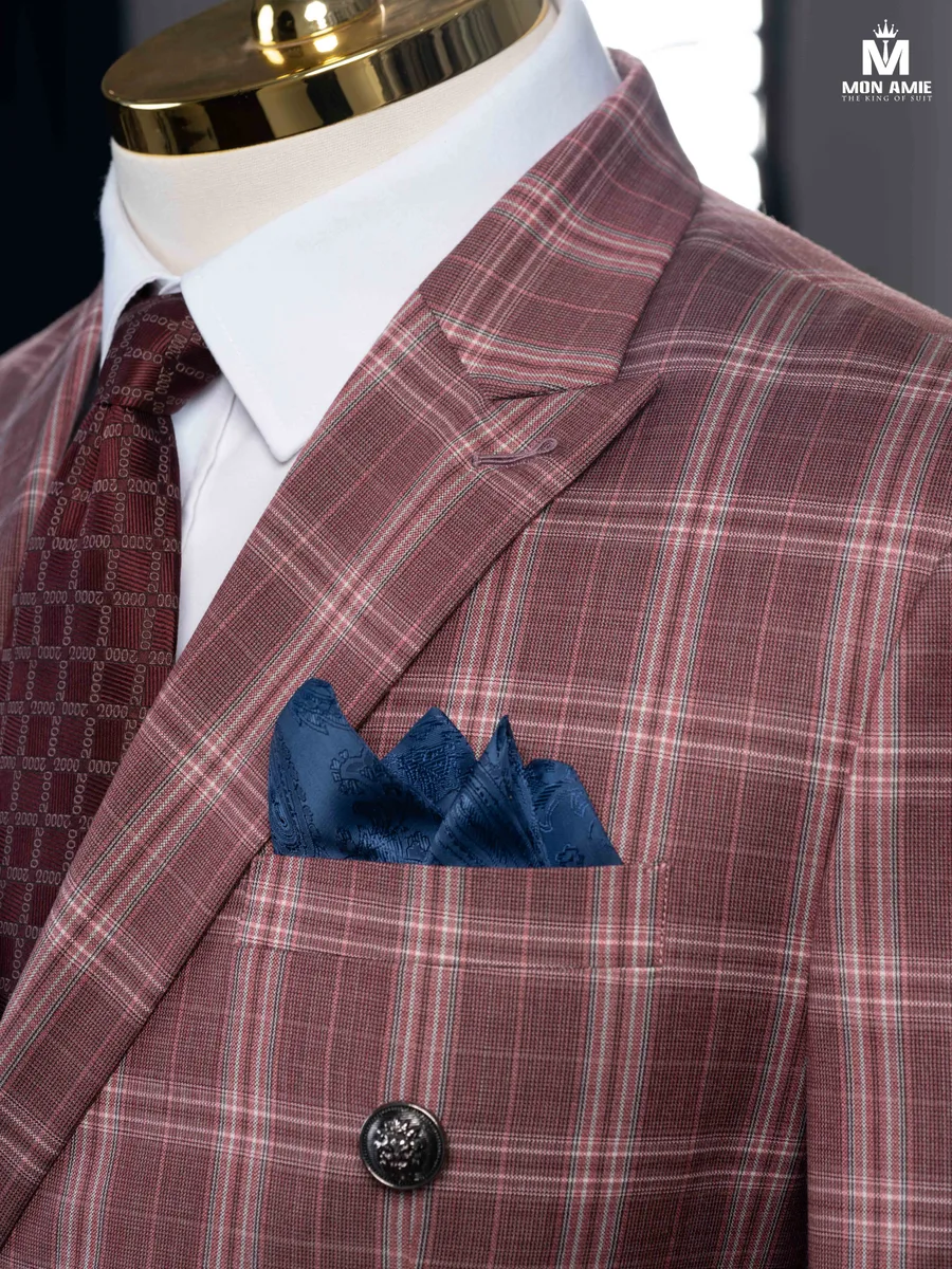 Dusty Rose Plaid Double-Breasted Suit with Metal Buttons