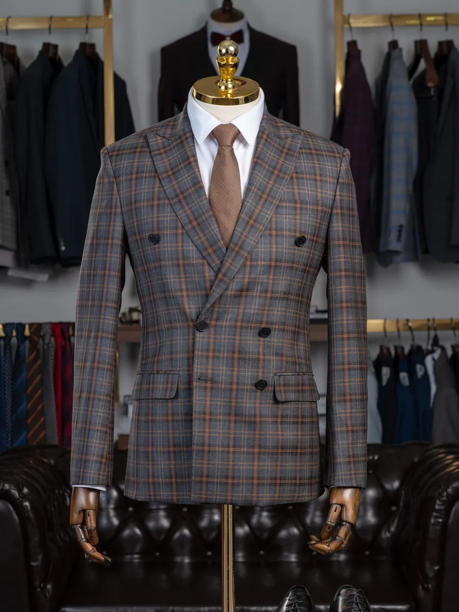 Charcoal Plaid Double-Breasted Suit with Rust Overcheck