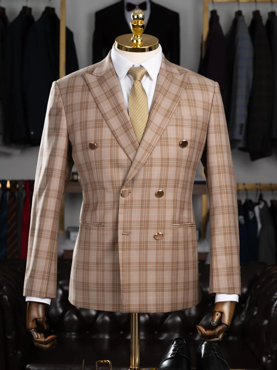 Sand Beige Plaid Double-Breasted Suit with Rose-Gold Buttons